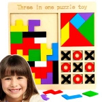 DREWNIANY TETRIS KÓŁKO I KRZYŻYK TANGRAM GRA EDUKACYJNA UKŁADANKA 3w1 GRY