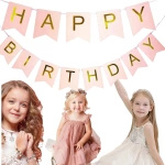 GIRLANDA URODZINOWA Z NAPISEM HAPPY BIRTHDAY RÓŻOWA ZŁOTE NAPISY 200cm