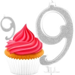 ŚWIECZKA URODZINOWA NA TORT CYFRA 9 SREBRNA Z BROKATEM NA URODZINY